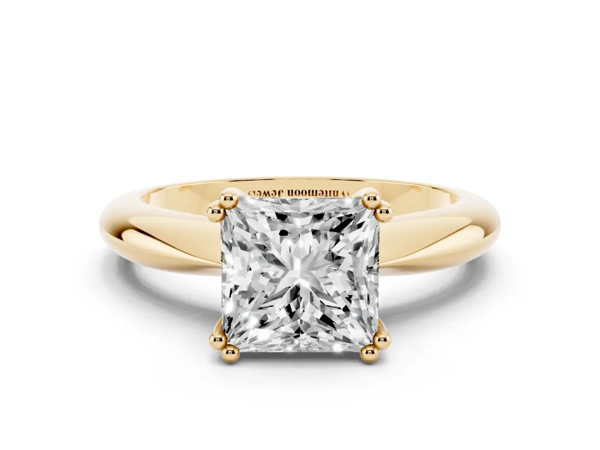 Princess Cut Cut Solitaire Engagement Ring with Tapered Band and Four-Prong Setting Yellow gold