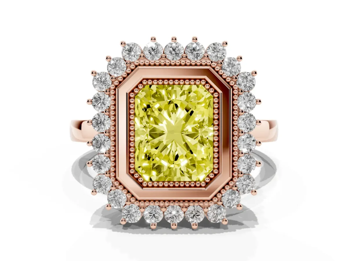 Fancy Yellow Radiant Cut Halo Diamond Ring with Milgrain Edge and Round Prong Setting Rose gold