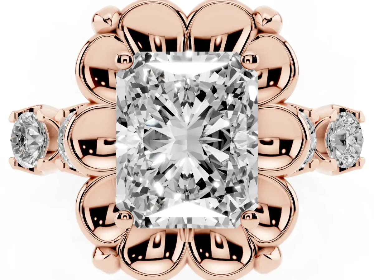 Radiant Cut Cut Diamond Floral Halo Engagement Ring with Shared Prong Setting Rose gold