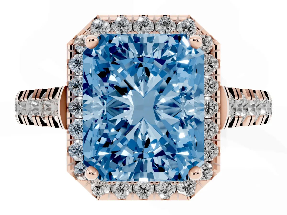 Fancy Blue Radiant Cut Halo Pavé Diamond Engagement Ring with Four-Prong Setting Rose gold