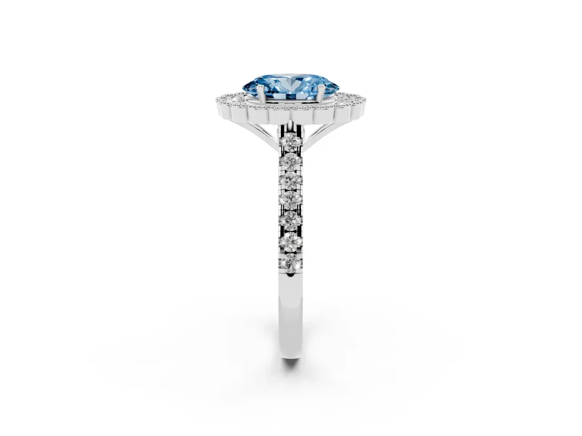 Fancy Blue Oval Cut Cut Diamond Milgrain Floral Halo Engagement Ring with Pavé Band White gold