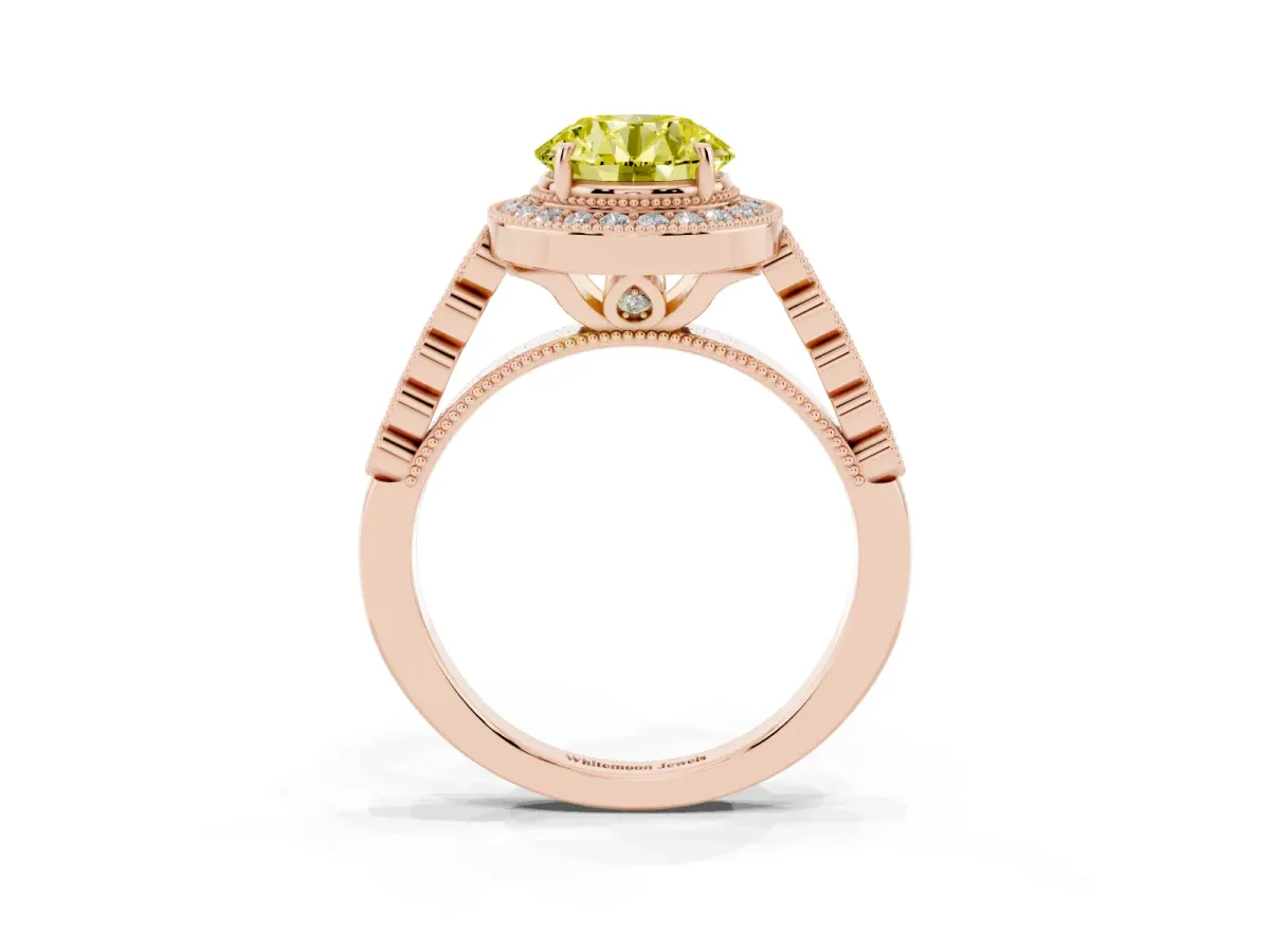 Fancy Yellow Round Cut Halo Milgrain Solitaire with Bezel Set Side Stones and Pave Band Rose gold