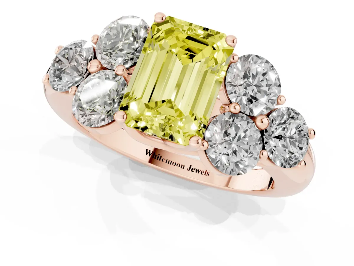 Fancy Yellow Emerald Cut Cut Diamond Cluster Ring with Round Accent Stones and Prong Setting on a Classic Band Rose gold