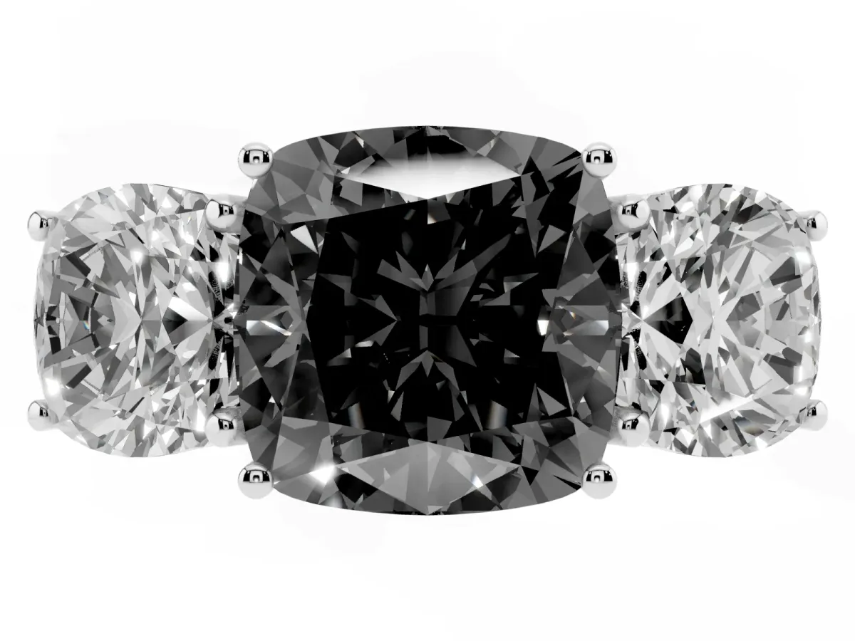 Fancy Black Three-Stone Cushion Cut Diamond Braided Band Ring with Four-Prong Setting Platinum