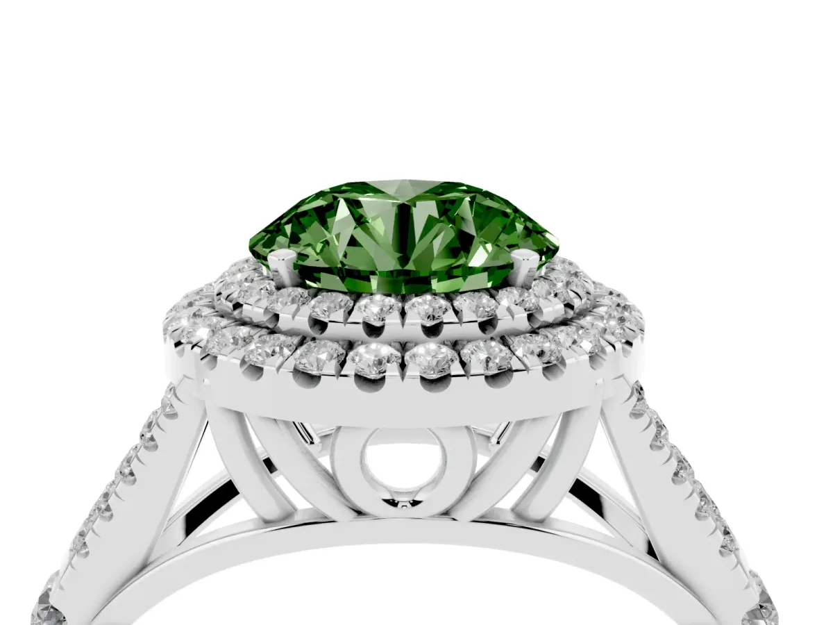 Fancy Green Double Halo Round Cut Diamond Split Shank Engagement Ring with Four-Prong Setting Platinum