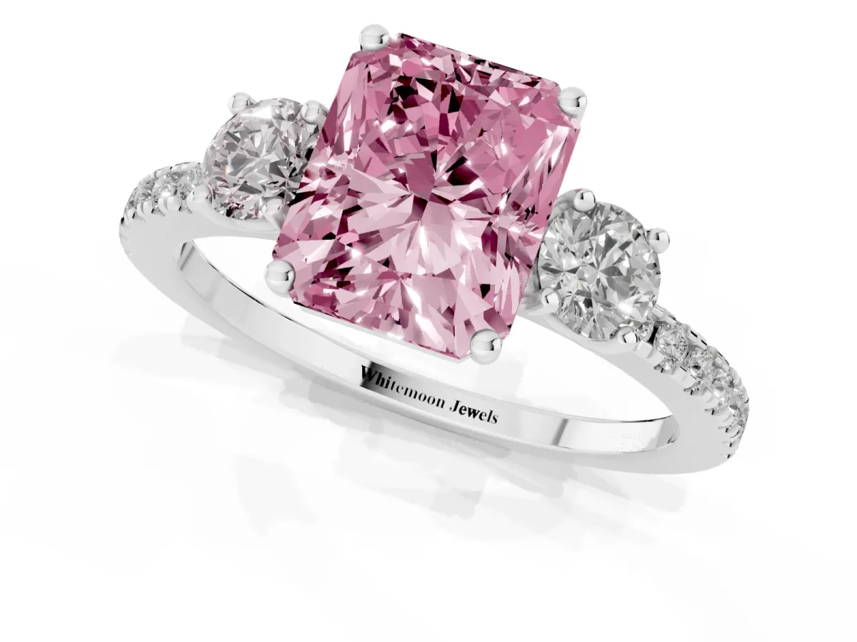Fancy Pink Three-Stone Radiant Cut Cut Diamond Pavé Band with Prong Setting Silver