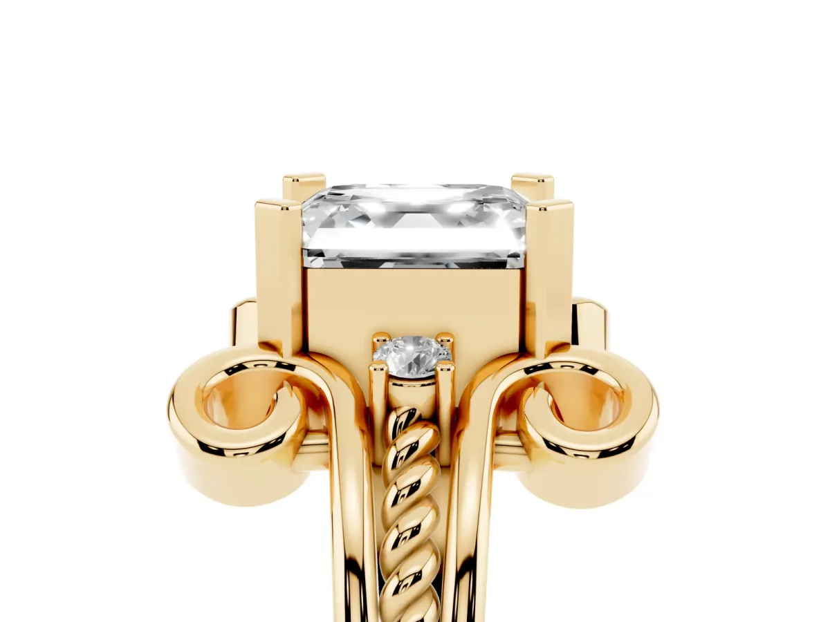 Asscher Cut Solitaire Twisted Band Scroll Prong Ring Yellow gold