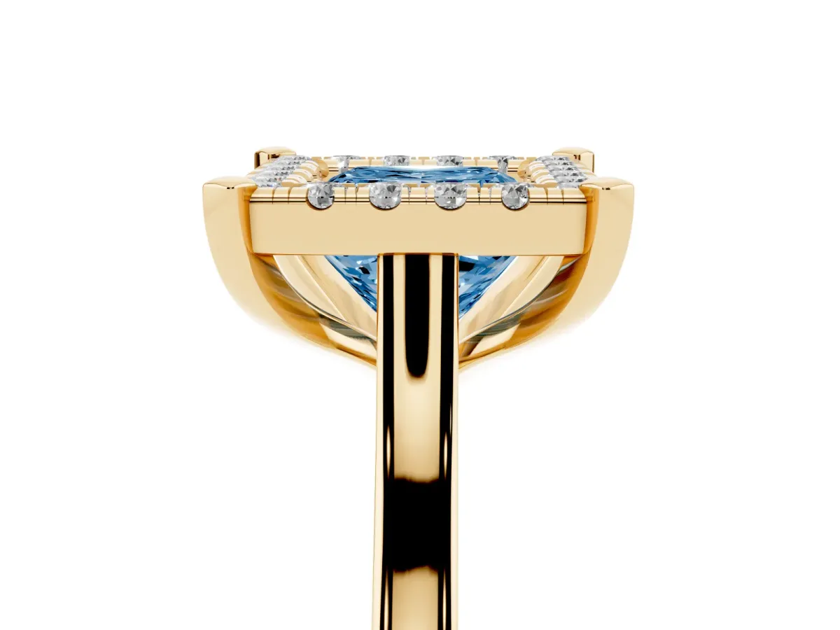 Fancy Blue Princess Cut Diamond Cluster Halo Solitaire with Four-Prong Setting Yellow gold