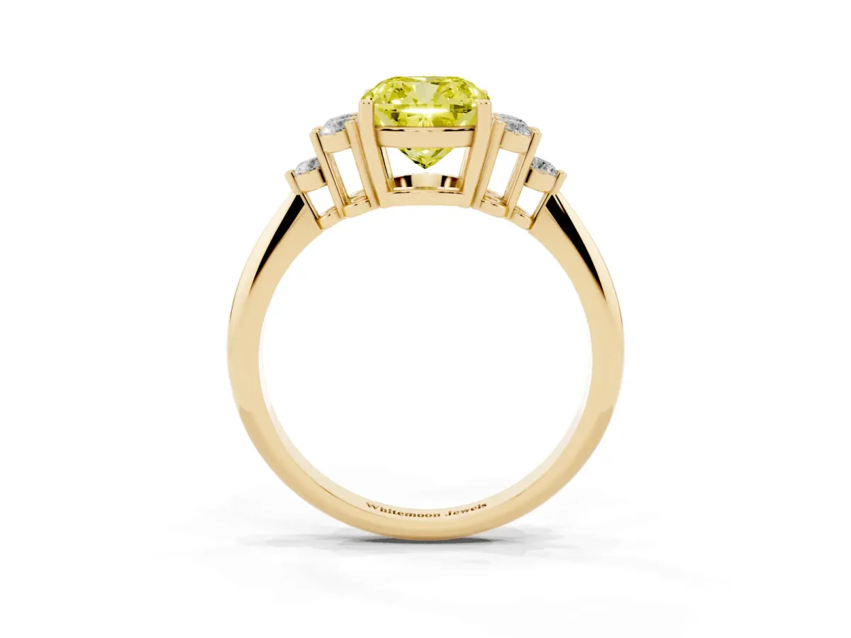 Fancy Yellow Cushion Cut Cut Diamond Cluster Ring with Solitaire Band and Four-Prong Setting Yellow gold