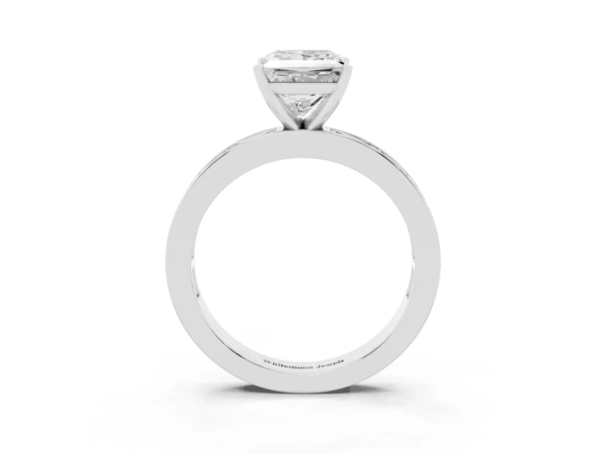 Princess Cut Solitaire Diamond Ring with Channel-Set Baguette Band and Four-Prong Setting Platinum