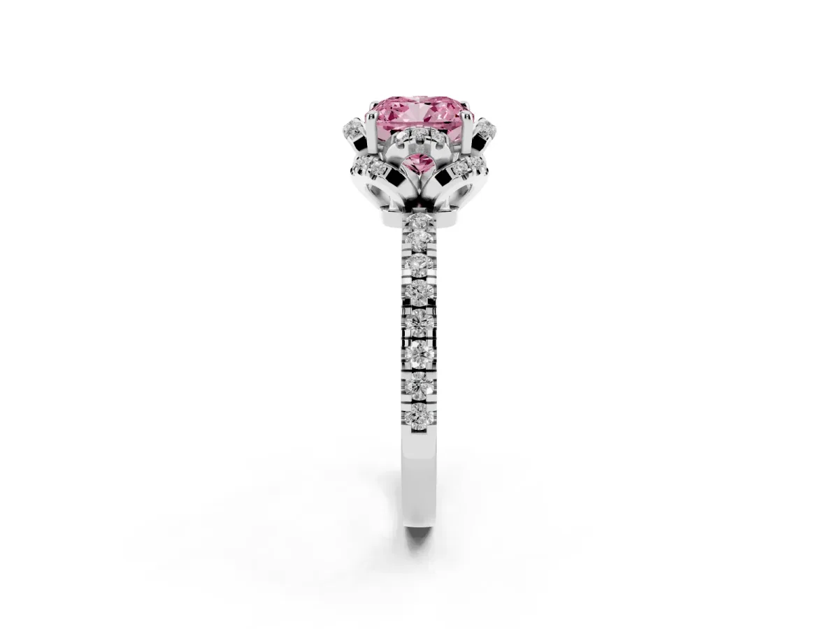 Fancy Pink Cushion Cut Halo Diamond Pave Band Ring with Four-Prong Setting Silver