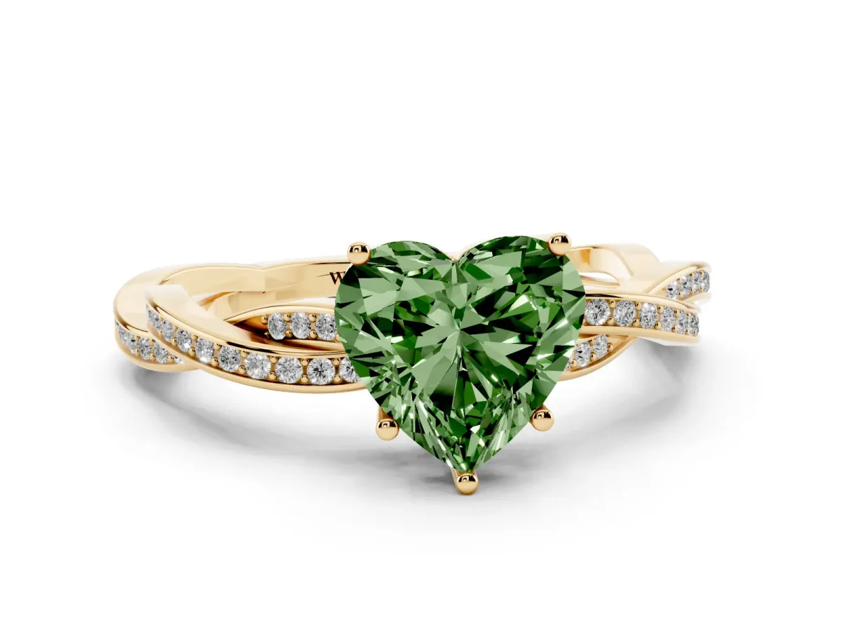 Fancy Green Heart Cut Solitaire Twisted Pave Diamond Ring with Four-Prong Setting Yellow gold