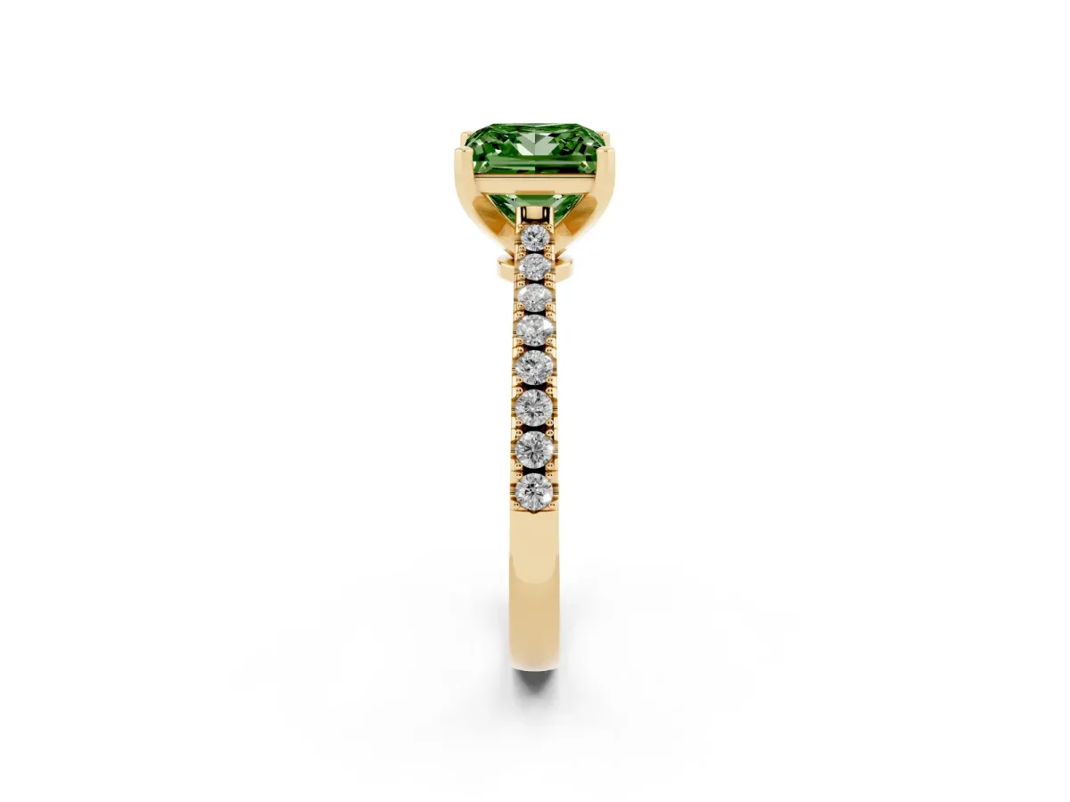 Fancy Green Princess Cut Cut Solitaire Diamond Engagement Ring with Pave Band and Four-Prong Setting Yellow gold