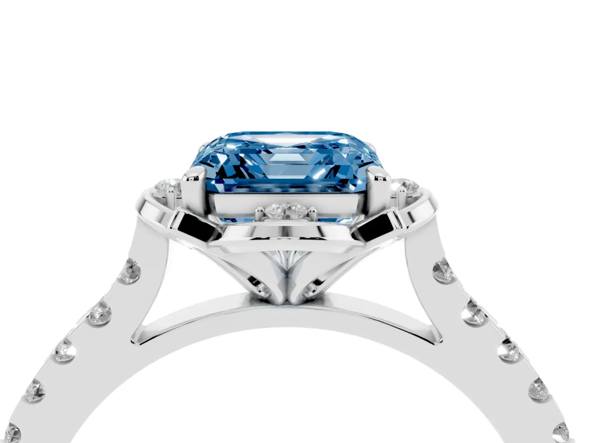 Fancy Blue Asscher Cut Diamond Ring with Pavé Band and Floral Prong Setting Silver