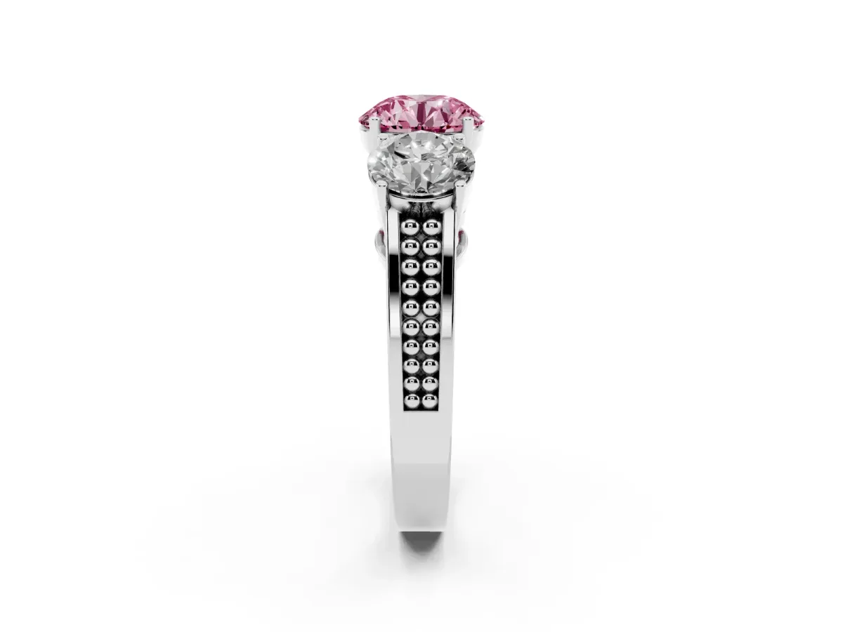 Fancy Pink Round Cut Diamond Three-Stone Ring with Prong Setting and Textured Band Platinum