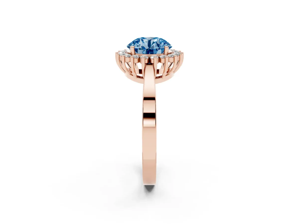 Fancy Blue Round Cut Cut Diamond Halo Ring with Round Brilliant Halo and Solitaire Band Rose gold