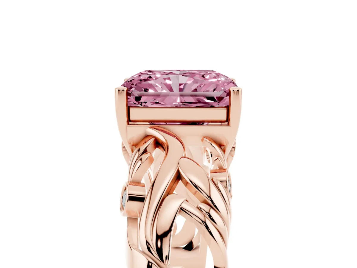 Fancy Pink Radiant Cut Solitaire Diamond Leaf-Inspired Vine Band Ring with Prong Setting Rose gold