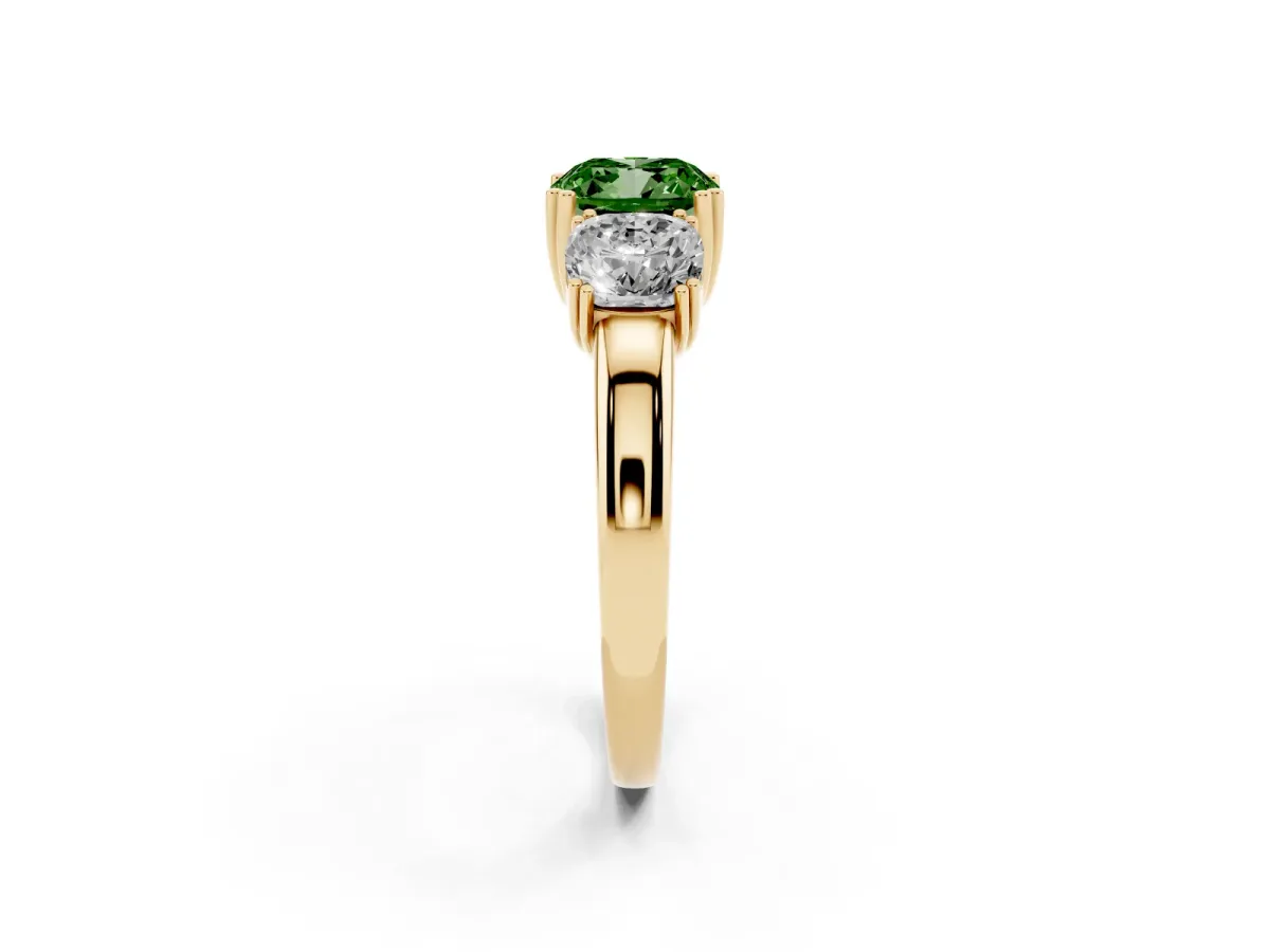 Fancy Green Three-Stone Cushion Cut Cut Diamond Ring with Channel Set Band and Four-Prong Setting Yellow gold
