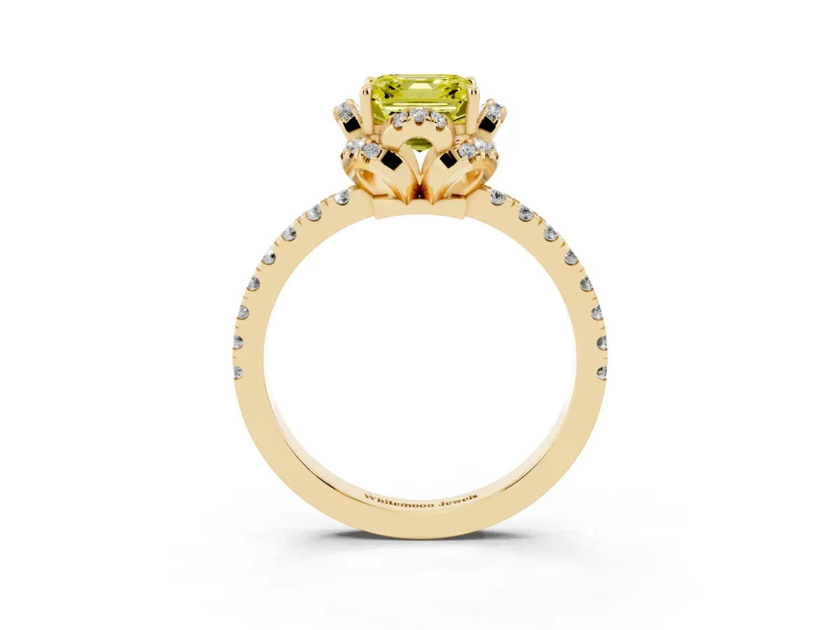 Fancy Yellow Asscher Cut Diamond Halo Pave Band with Four-Prong Setting Yellow gold