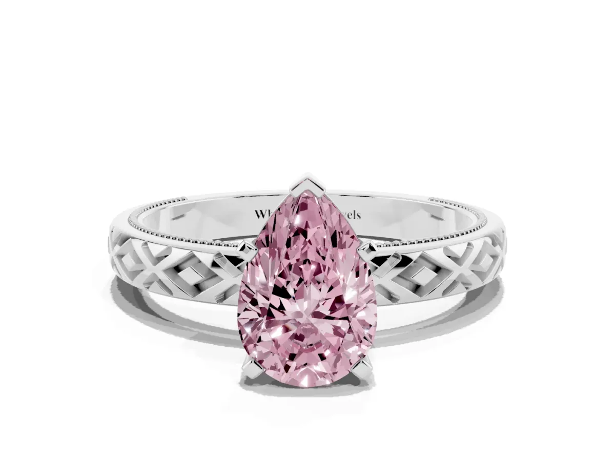 Fancy Pink Pear Cut Solitaire Diamond Ring with Milgrain and Black Enamel X Pattern Band Silver