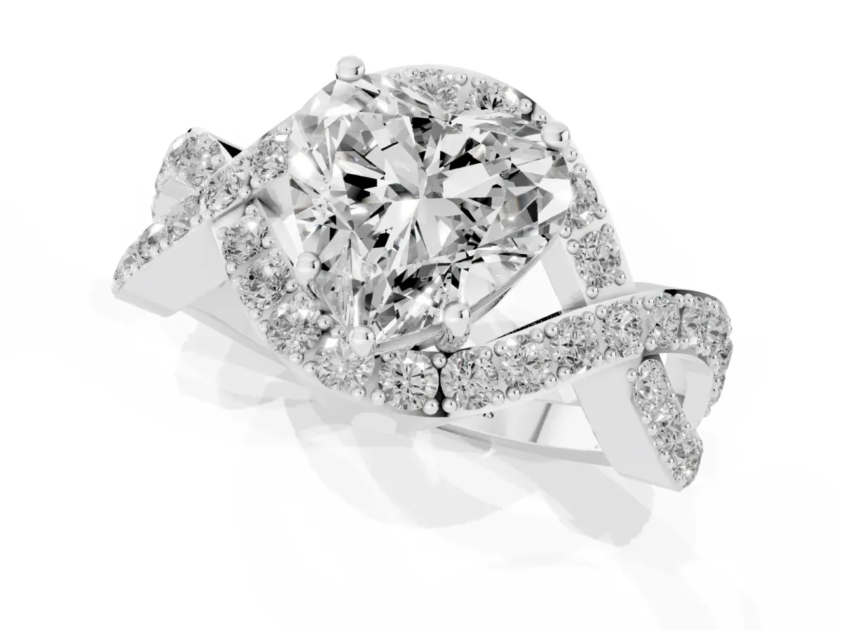 Heart Cut Solitaire Twist Band Pavé Diamond Engagement Ring Silver