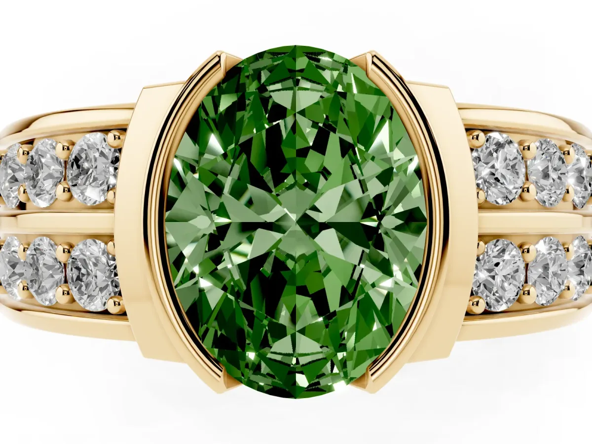 Fancy Green Oval Cut Brilliant Diamond Channel Set Wide Band Ring with Bezel Setting Yellow gold