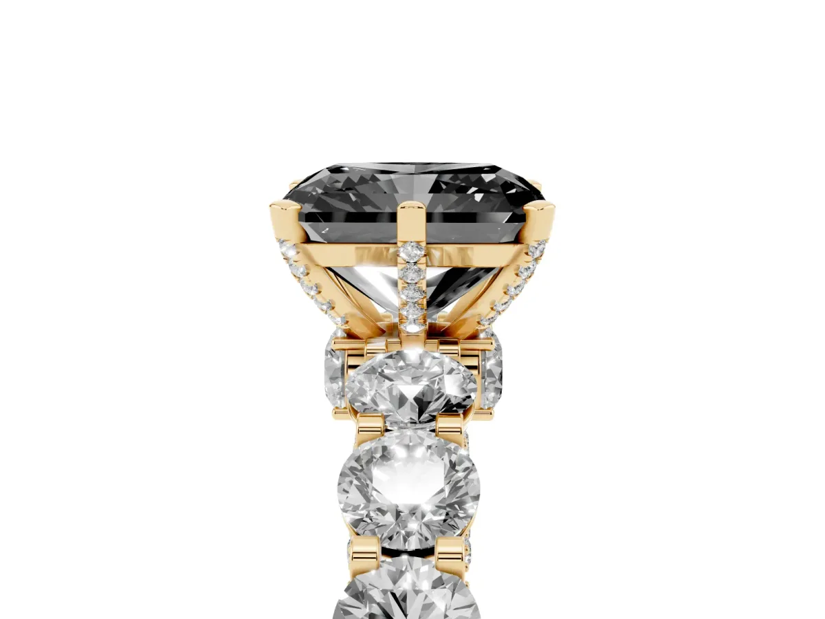 Fancy Black Radiant Cut Diamond Side Stone Engagement Ring with Four-Prong Setting Yellow gold
