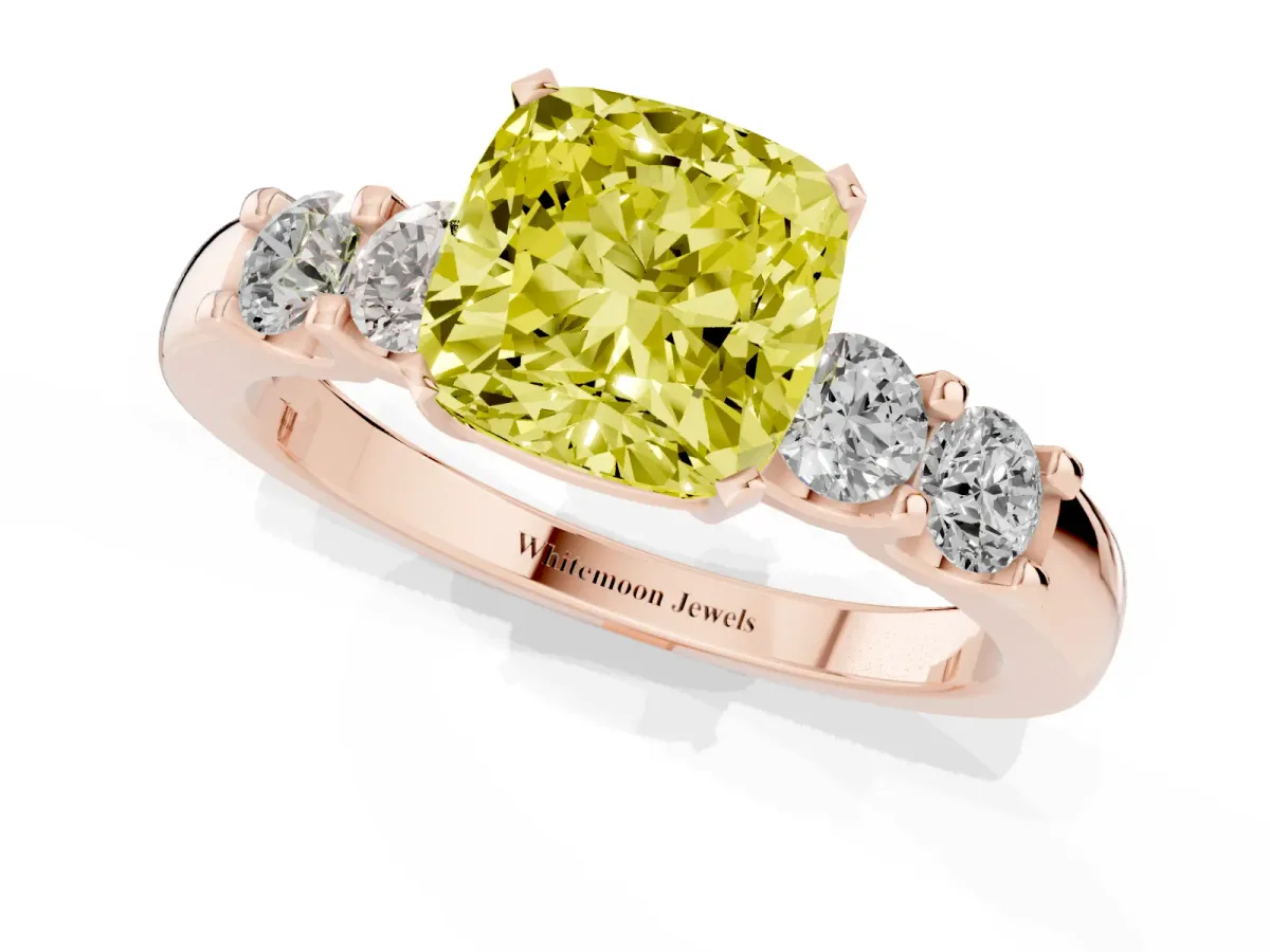Fancy Yellow Cushion Cut Brilliant Cut Diamond Five-Stone Prong Set Engagement Ring with Channel Band Rose gold