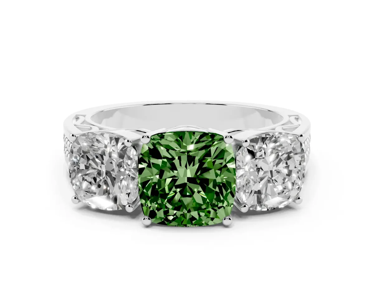 Fancy Green Cushion Cut Diamond Three-Stone Ring with Prong Setting and Textured Band Silver
