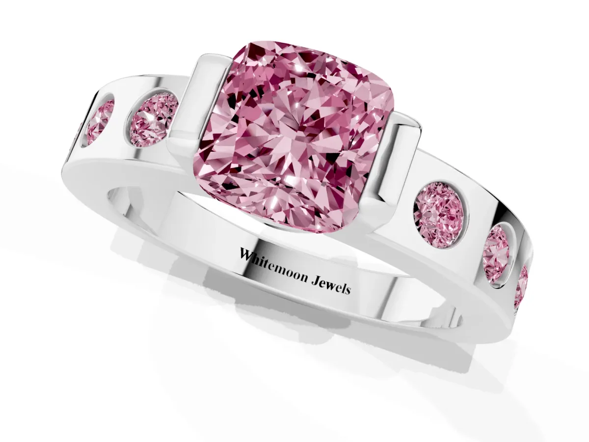 Fancy Pink Cushion Cut Brilliant Channel-Set Diamond Ring with Bezel Prong Setting Silver