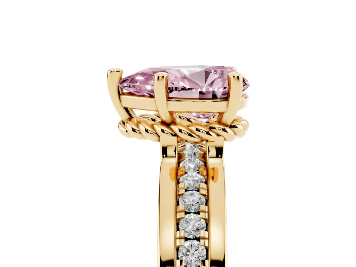 Fancy Pink Pear Cut Solitaire Diamond Ring with Channel Set Band and Six-Prong Setting Yellow gold