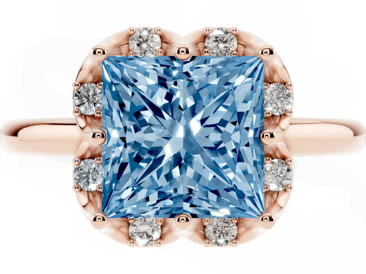 Fancy Blue Princess Cut Halo Diamond Ring with Round Cluster Setting, Solitaire Band, and Four-Prong Setting Rose gold