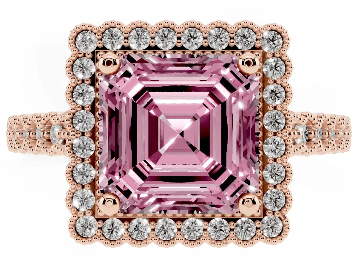 Fancy Pink Asscher Cut Cut Halo Pavé Solitaire Ring with Milgrain Band Rose gold