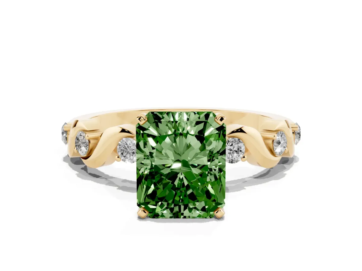 Fancy Green Radiant Cut Diamond Solitaire Twisted Band with Round Accents and Prong Setting Yellow gold