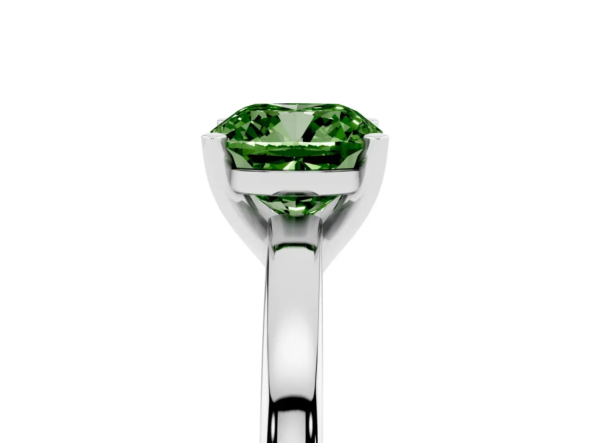 Fancy Green Cushion Cut Solitaire Diamond Engagement Ring with Four-Prong Setting on a Classic Band Silver