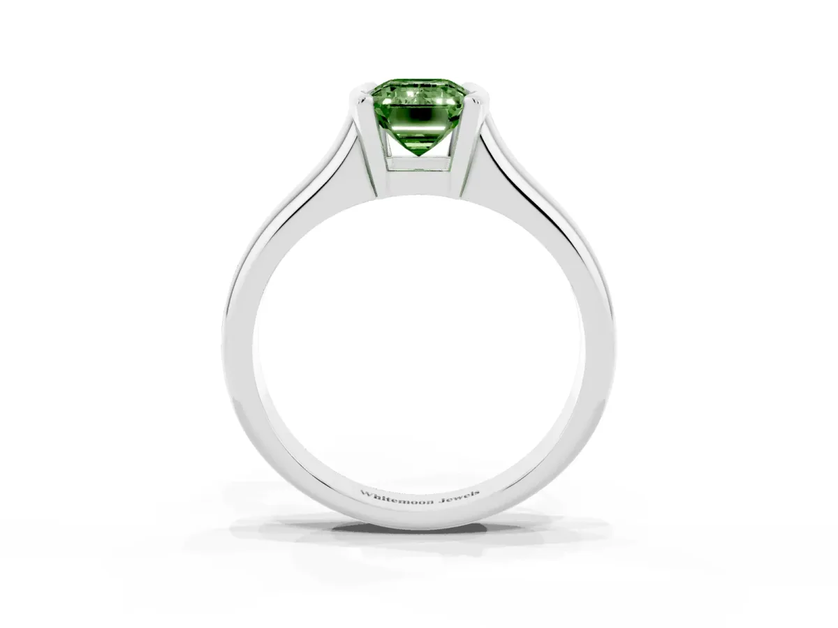 Fancy Green Emerald Cut Solitaire Tension Set Diamond Ring with Split Shank Band Silver
