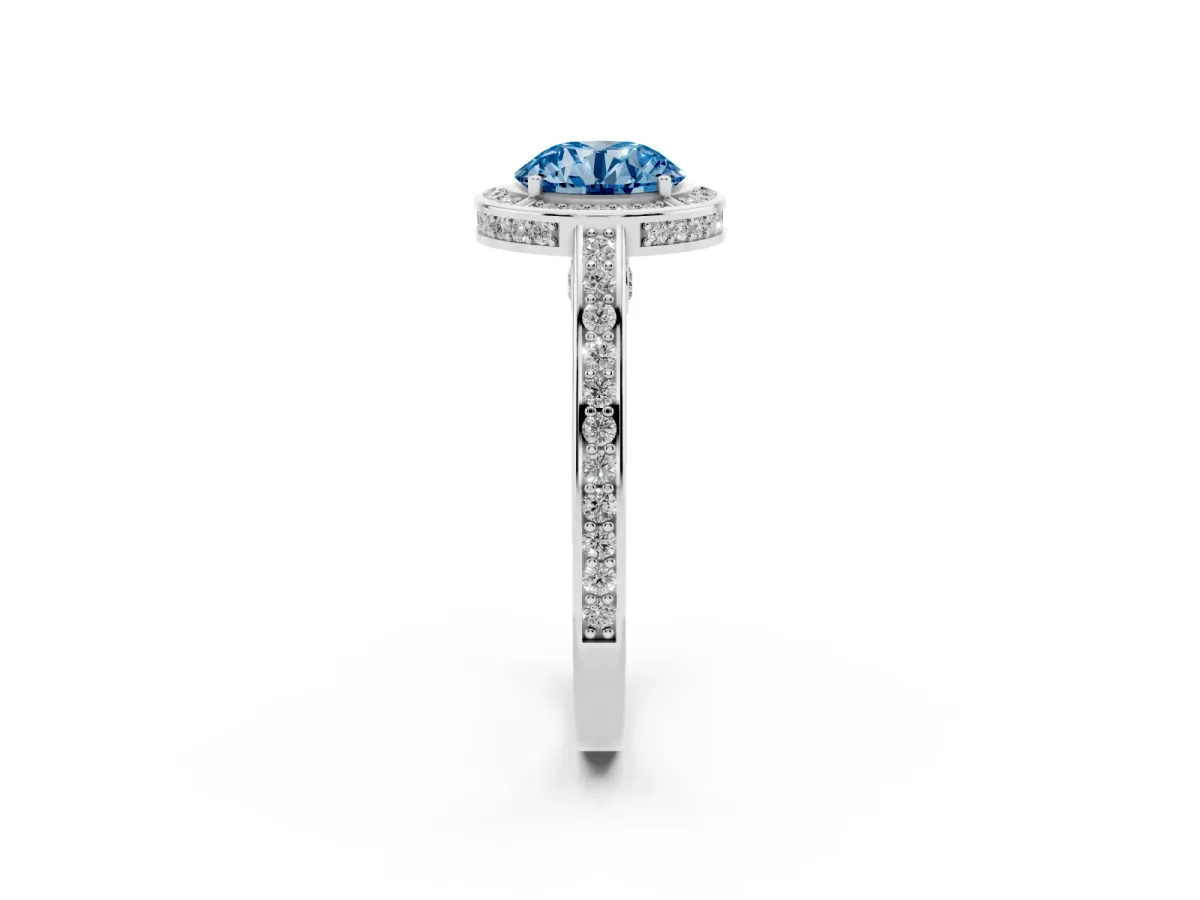 Fancy Blue Round Cut Cut Halo Pave Split Shank Prong Setting Ring Platinum