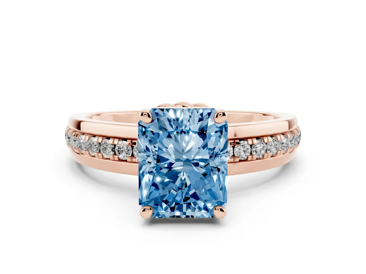 Fancy Blue Radiant Cut Solitaire Diamond Ring with Channel Set Band and Six-Prong Setting Rose gold