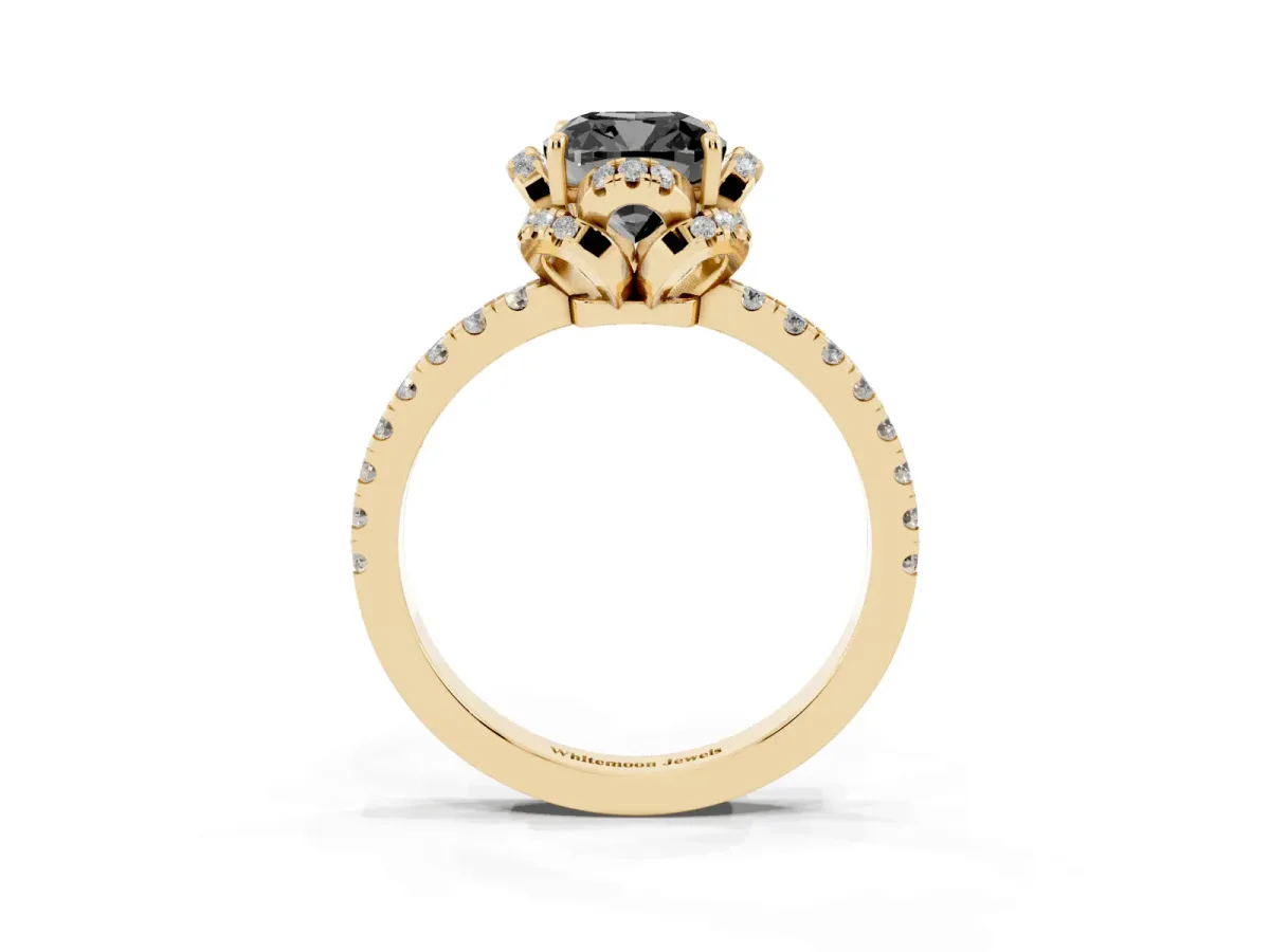 Fancy Black Cushion Cut Diamond Halo Pave Band with Four-Prong Setting Yellow gold