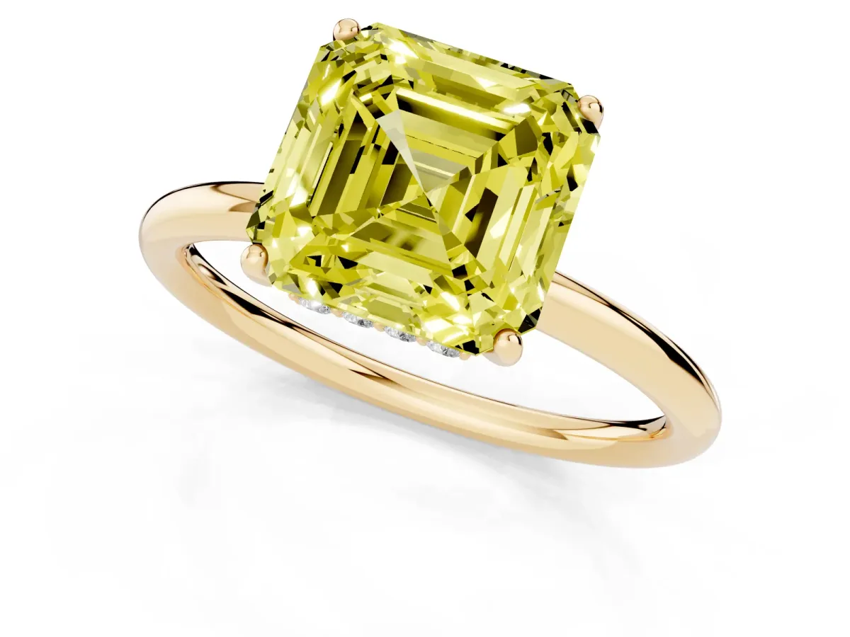 Fancy Yellow Asscher Cut Solitaire Diamond Ring with a Classic Band and Four-Prong Setting Yellow gold