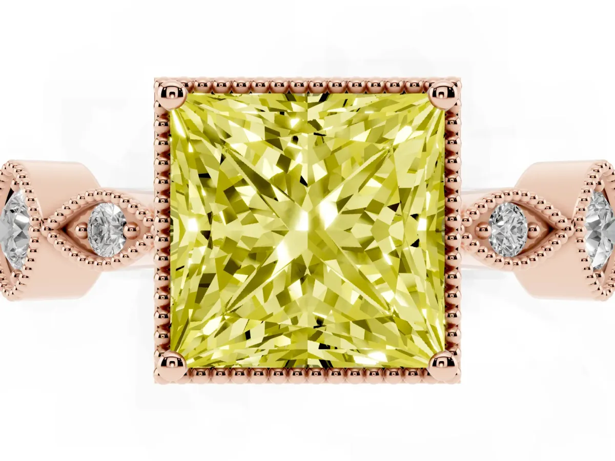Fancy Yellow Princess Cut Diamond Vintage Milgrain Ring with Round Stations Rose gold