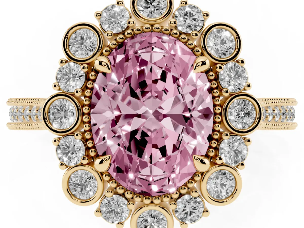 Fancy Pink Oval Cut Halo Milgrain Pave Diamond Ring with Four-Prong Setting Yellow gold