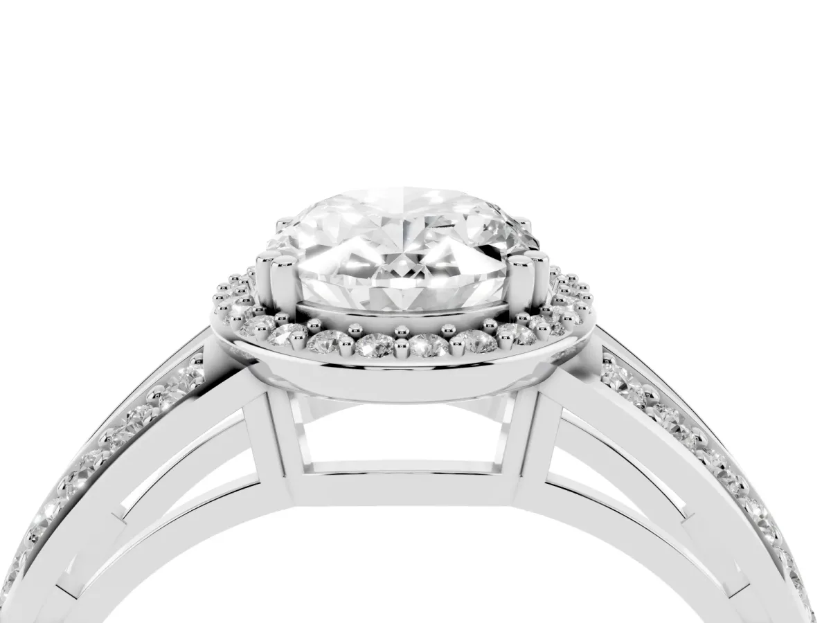 Oval Cut Diamond Halo Ring with Split Shank Pavé Band and Four-Prong Setting Silver