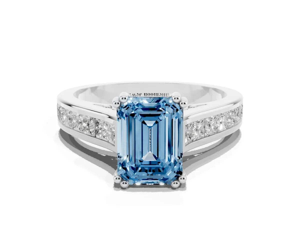 Fancy Blue Emerald Cut Cut Channel Set Solitaire Engagement Ring with Prong Setting Silver