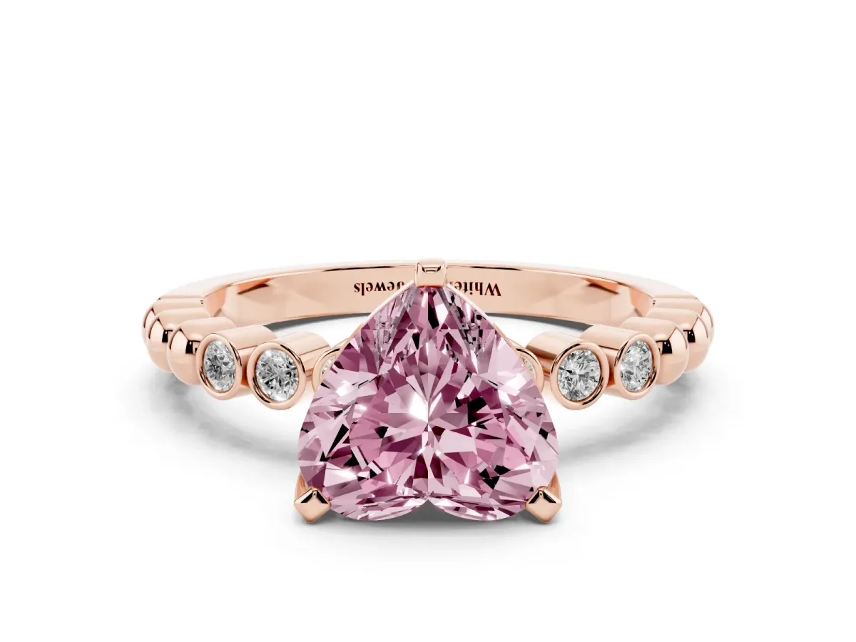 Fancy Pink Heart Cut Solitaire Bezel Accent Diamond Engagement Ring with Beaded Band and Four-Prong Setting Rose gold
