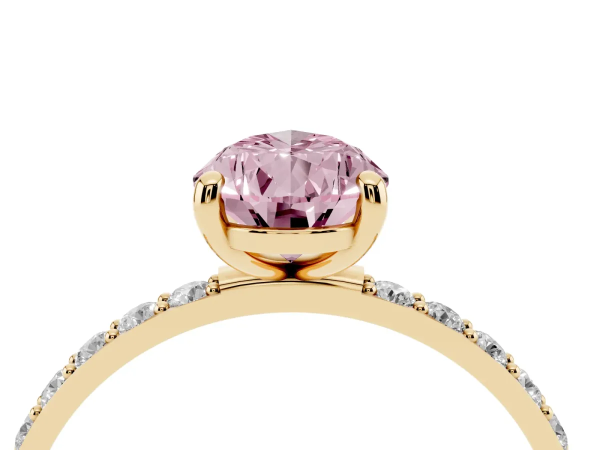 Fancy Pink Pear Cut Diamond Solitaire Ring with Round Pavé Band and Prong Setting Yellow gold