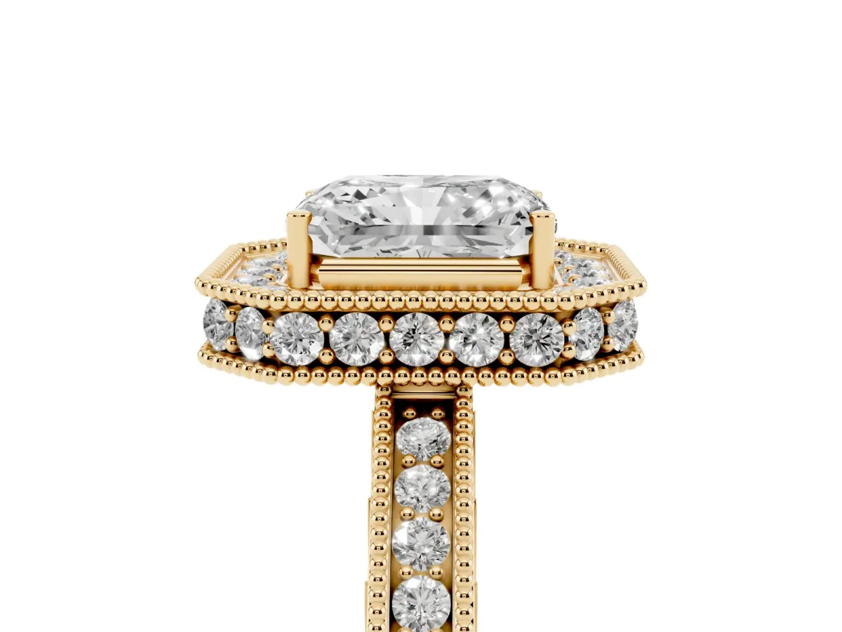 Radiant Cut Diamond Milgrain Halo Engagement Ring with Round Pavé Band and Prong Setting Yellow gold