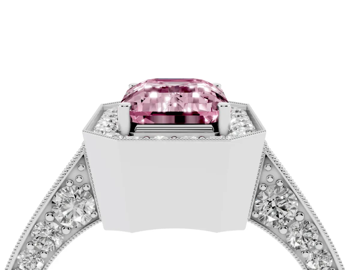 Fancy Pink Emerald Cut Halo Diamond Engagement Ring with Split Shank Band and Four-Prong Setting Platinum