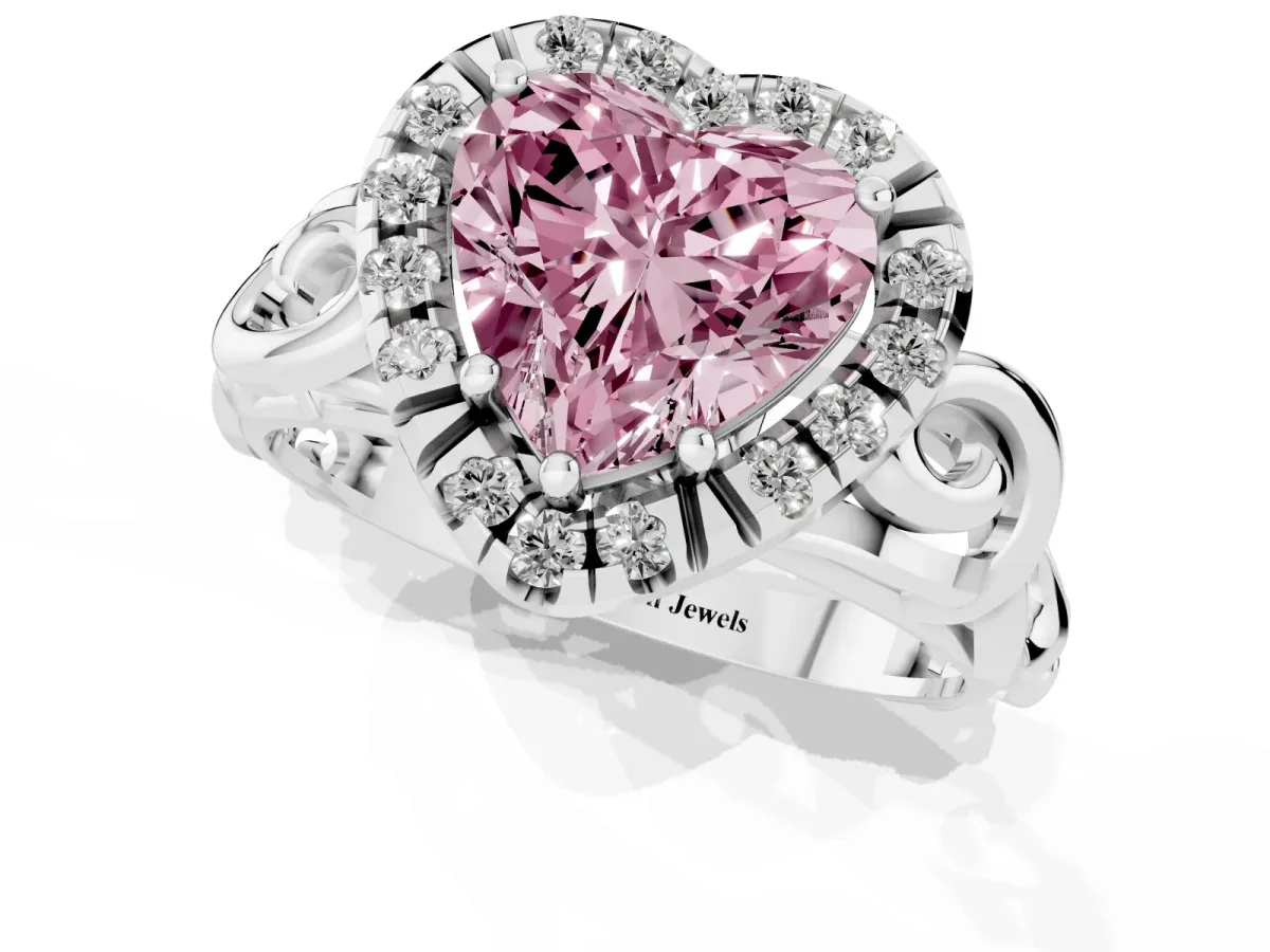 Fancy Pink Heart Cut Cut Halo Diamond Ring with Scrollwork Band and Four-Prong Setting Silver