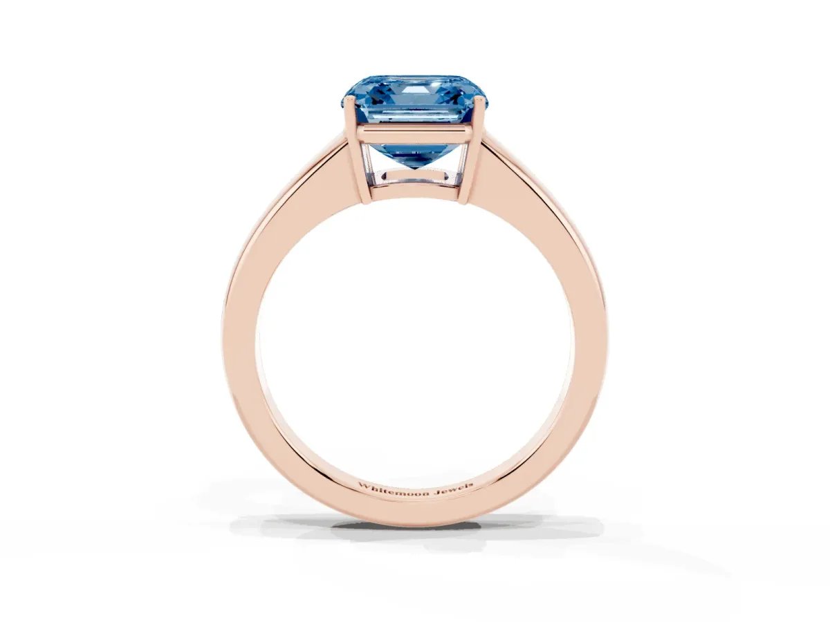 Fancy Blue Asscher Cut Solitaire Diamond Ring with Tapered Band and Four-Prong Setting Rose gold